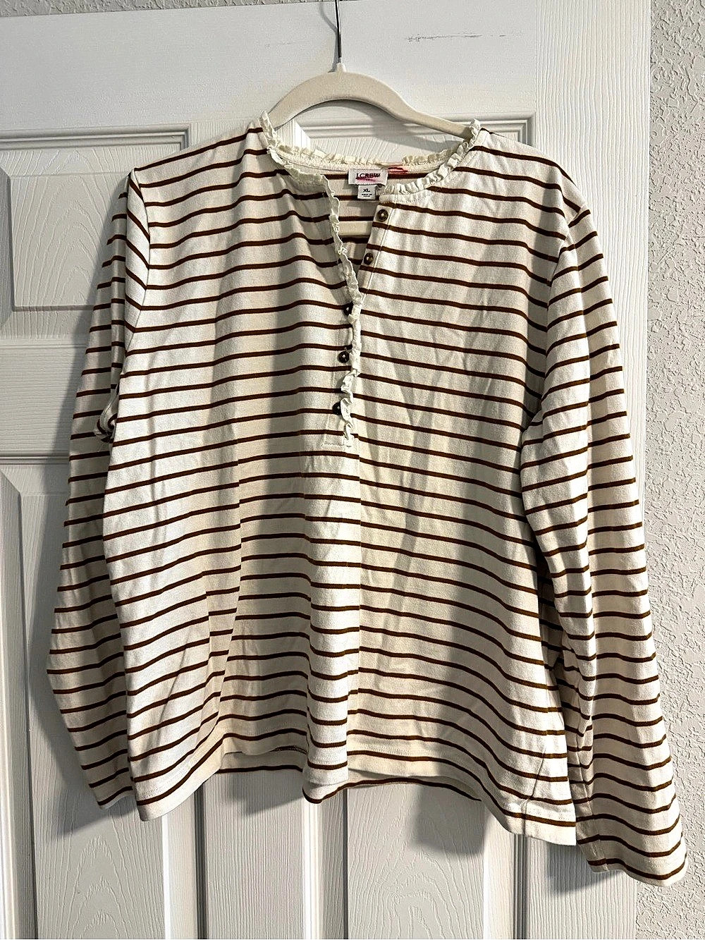 J.Crew Striped ruffle-collar henley White & Brown